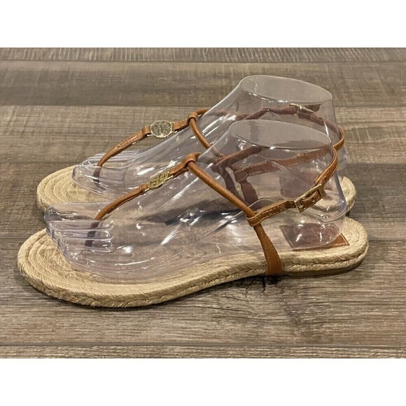 Tory Burch Brown Leather Emmy Flat Espadrilles Thong Sandals Size 8B Womens - Picture 3 of 16
